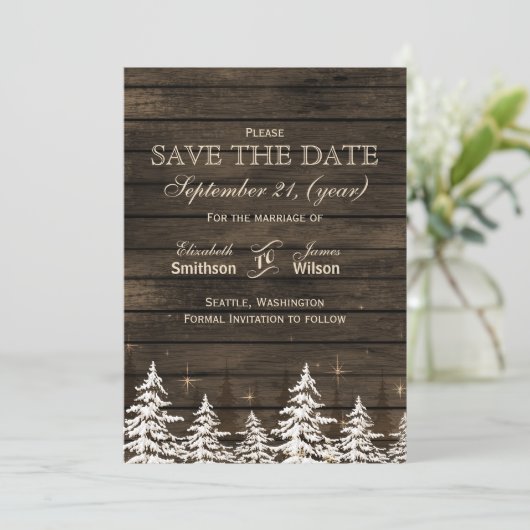 Barn wood Rustic Pine bomen, winter met uitzonderi Save The Date (Staand voorkant)