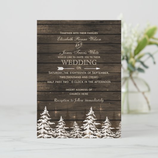 Barn wood Rustic Pine bomen winterbruiloft Kaart (Staand voorkant)