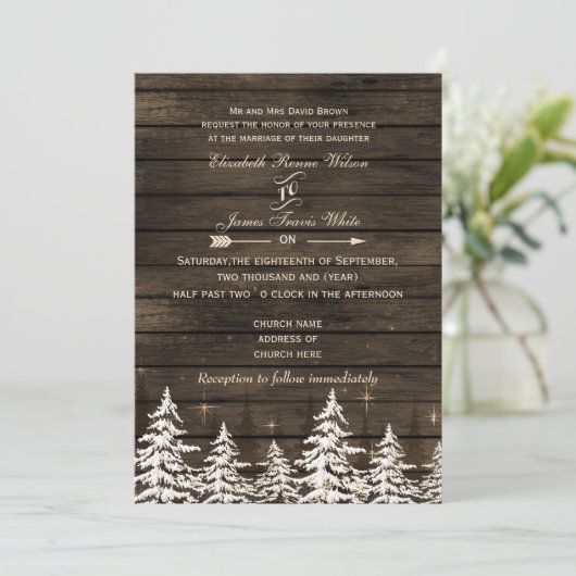 Barn wood Rustic Pine Tree Winter Weddenschap Kaart (Staand voorkant)