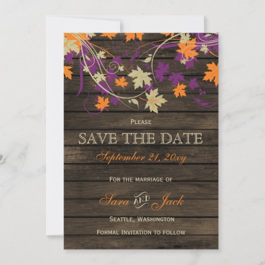 Barn wood Rustic plum fall leaves save the date (Voorkant)