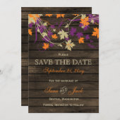 Barn wood Rustic plum fall leaves save the date (Voorkant / Achterkant)