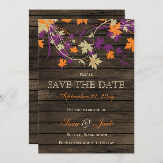 Barn wood Rustic plum fall leaves save the date (Voorkant / Achterkant)