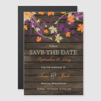 Barn wood Rustic plum fall leaves save the date Magnetische Uitnodiging