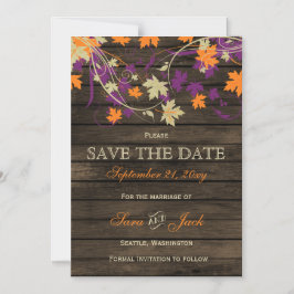 Barn wood Rustic plum fall leaves save the date Magnetische Uitnodiging