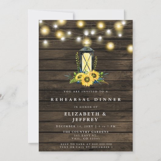 Barn Wood String Light Sunflower Rehearsal Dinner Kaart (Voorkant)