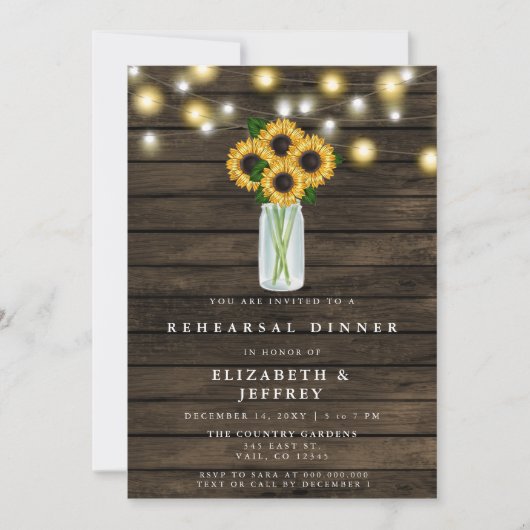 Barn Wood String Light Sunflower Rehearsal Dinner Kaart (Voorkant)