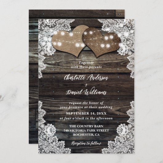 Barn Wood String Lights Burlap Hearts Wedding Kaart (Voorkant / Achterkant)