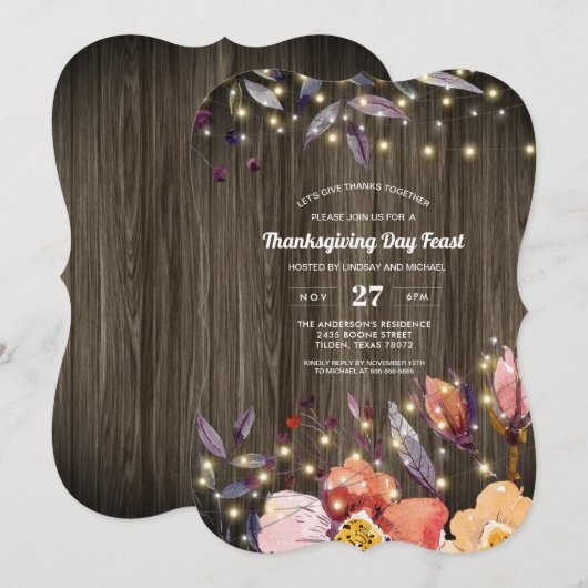 Barn Wood String Lights Floral Thanksgiving Feast Kaart (Voorkant / Achterkant)