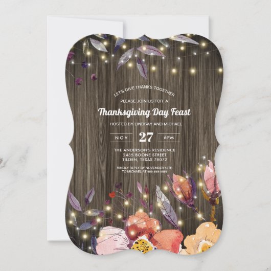 Barn Wood String Lights Floral Thanksgiving Feast Kaart (Voorkant)