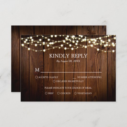 Barn Wood String Lights Rustic Wedding RSVP Kaart (Voorkant / Achterkant)