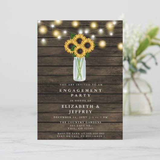 Barn Wood String Lights Sunflower Engagement Party Kaart (Staand voorkant)