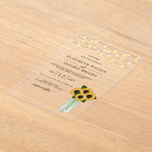 Barn Wood String Lights Sunflower Wedding Acryl Uitnodigingen (Laagn)