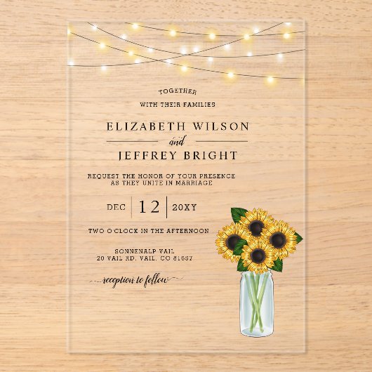 Barn Wood String Lights Sunflower Wedding Acryl Uitnodigingen (Voorkant)