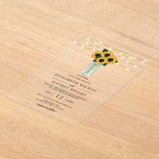Barn Wood String Lights Sunflower Wedding Acryl Uitnodigingen (Laagn)