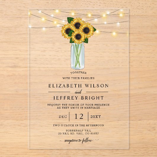 Barn Wood String Lights Sunflower Wedding Acryl Uitnodigingen (Voorkant)