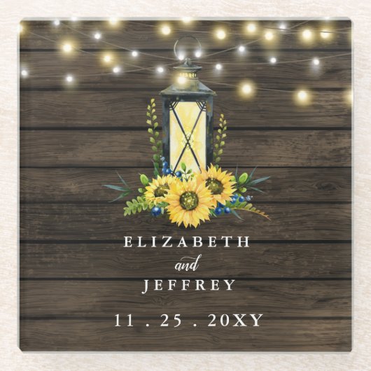 Barn Wood String Lights Sunflower Wedding Glazen Onderzetter (Voorkant)