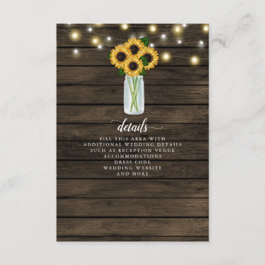 Barn Wood String Lights Sunflower Wedding Informatiekaartje (Voorkant)
