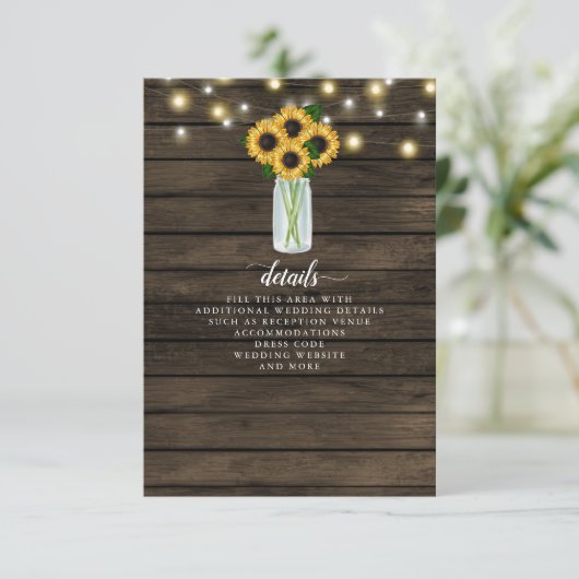 Barn Wood String Lights Sunflower Wedding Informatiekaartje (Staand voorkant)