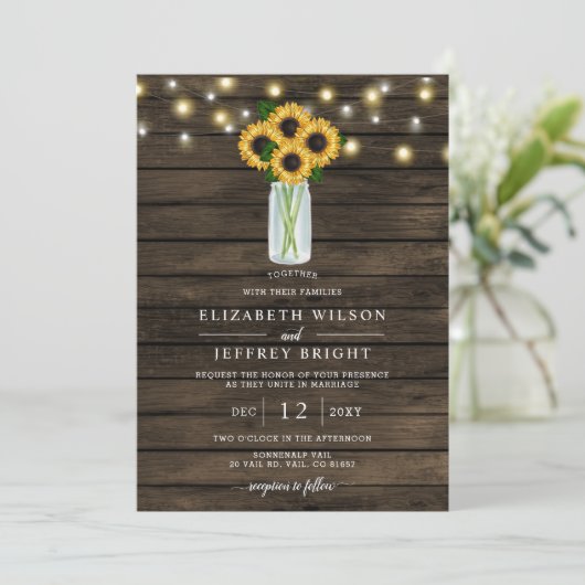 Barn Wood String Lights Sunflower Wedding Kaart (Staand voorkant)