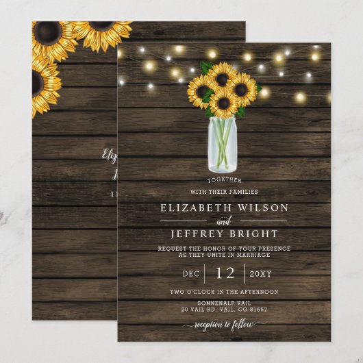 Barn Wood String Lights Sunflower Wedding Kaart (Voorkant / Achterkant)