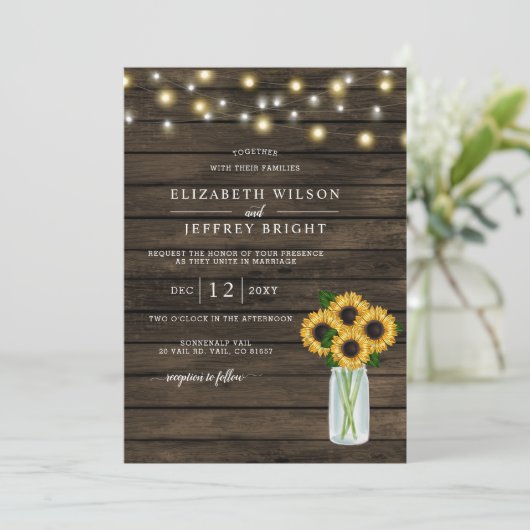 Barn Wood String Lights Sunflower Wedding Kaart (Staand voorkant)