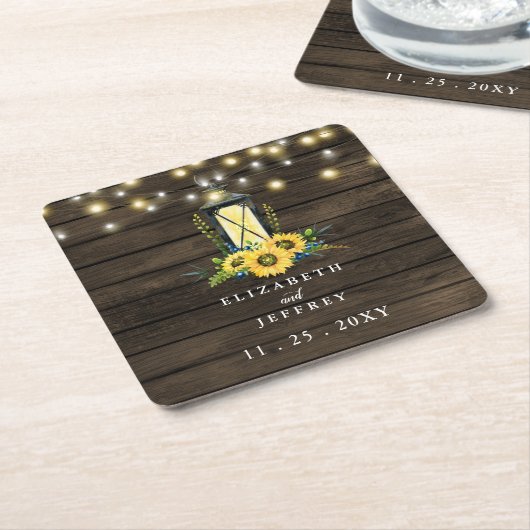 Barn Wood String Lights Sunflower Wedding Kartonnen Onderzetters (Schuin)
