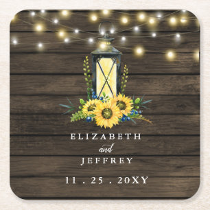 Barn Wood String Lights Sunflower Wedding Kartonnen Onderzetters