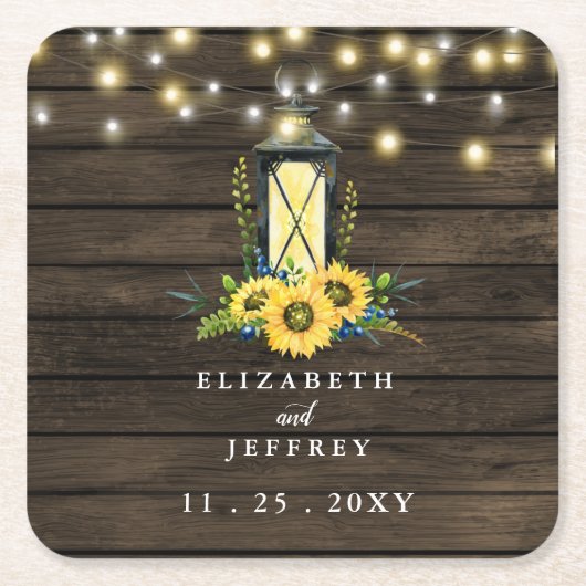 Barn Wood String Lights Sunflower Wedding Kartonnen Onderzetters (Voorkant)