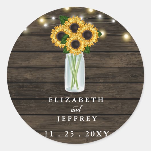 Barn Wood String Lights Sunflower Wedding Ronde Sticker (Voorkant)