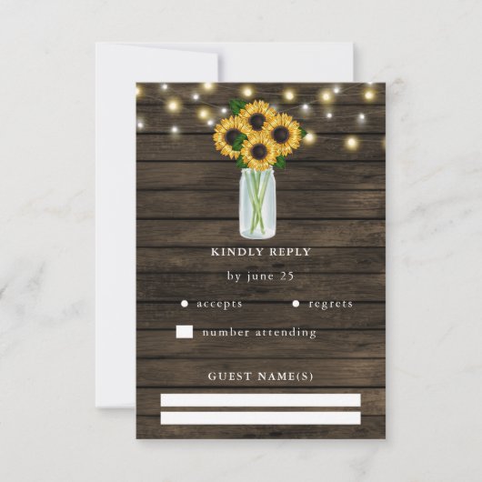 Barn Wood String Lights Sunflower Wedding RSVP Kaartje (Voorkant)