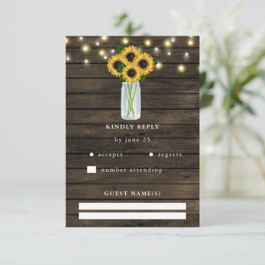 Barn Wood String Lights Sunflower Wedding RSVP Kaartje (Staand voorkant)