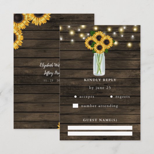 Barn Wood String Lights Sunflower Wedding RSVP Kaartje (Voorkant / Achterkant)