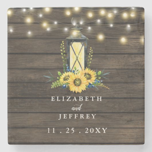 Barn Wood String Lights Sunflower Wedding Square Stenen Onderzetter (Voorkant)