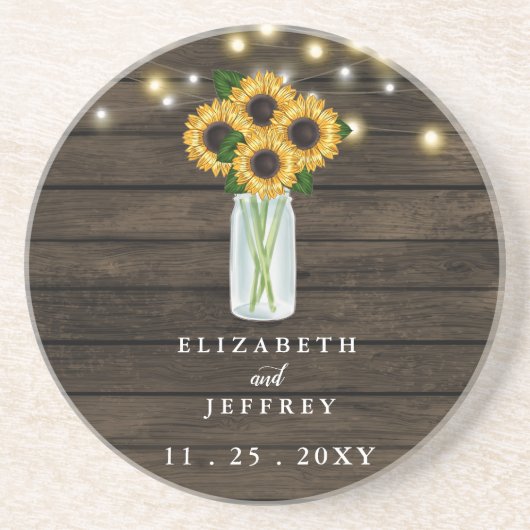 Barn Wood String Lights Sunflower Wedding Square Zandsteen Onderzetter (Voorkant)