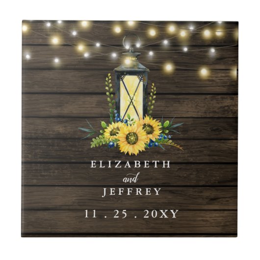Barn Wood String Lights Sunflower Wedding Tegeltje (Voorkant)