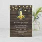 Barn Wood String Lights Zonnebloemen Lantern Weddi Kaart (Staand voorkant)