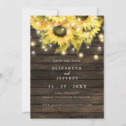 Barn Wood String Lights Zonnebloemen sparen Datum  Aankondiging (Voorkant)