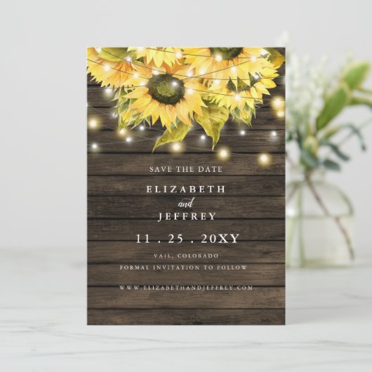 Barn Wood String Lights Zonnebloemen sparen Datum  Aankondiging (Staand voorkant)