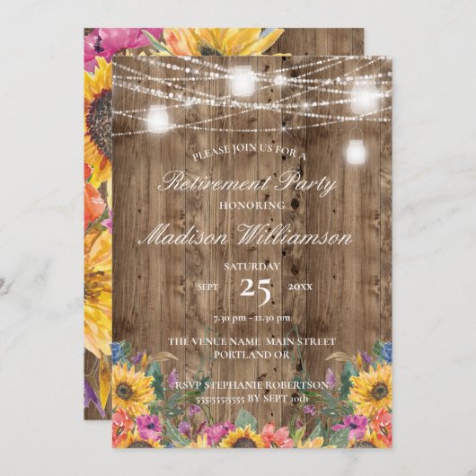 Barn Wood String of Lights & Sunflower Retirement Kaart (Voorkant / Achterkant)