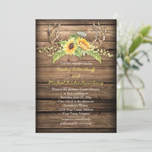 Barn Wood Sunflower Antlers met RSVP Weddenschap Kaart (Staand voorkant)