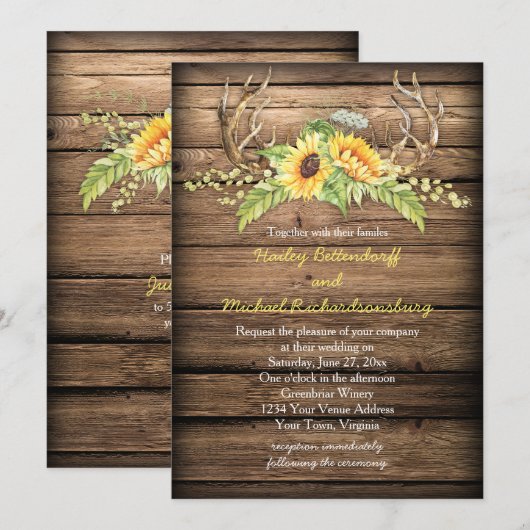 Barn Wood Sunflower Antlers met RSVP Weddenschap Kaart (Voorkant / Achterkant)