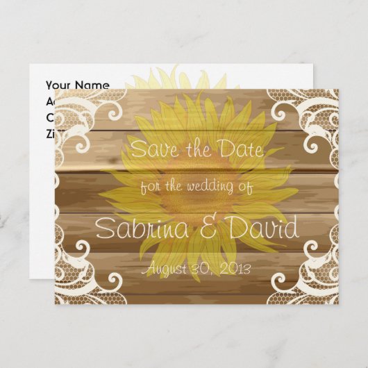 Barn Wood Sunflower en  Lace Save the Data Aankondigingskaart (Voorkant / Achterkant)
