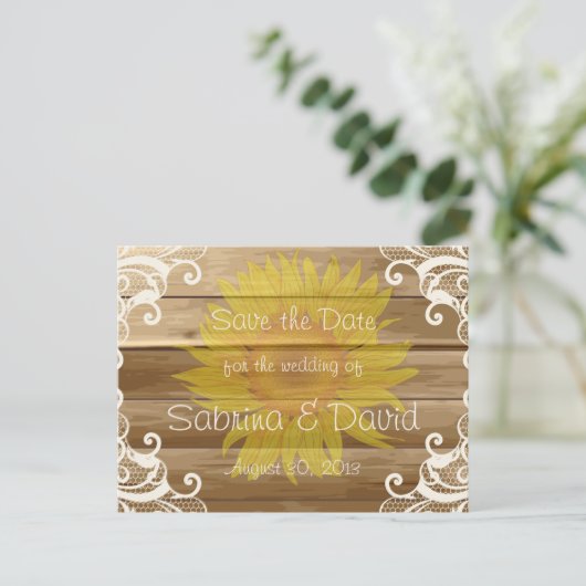 Barn Wood Sunflower en  Lace Save the Data Aankondigingskaart (Staand voorkant)