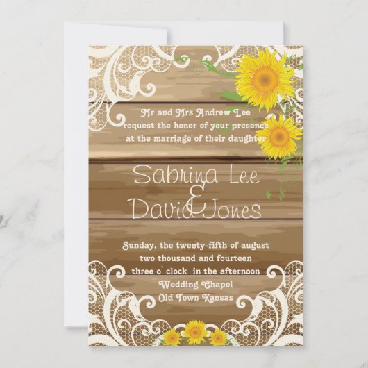 Barn Wood Sunflower en  Lace Wedding Kaart (Voorkant)