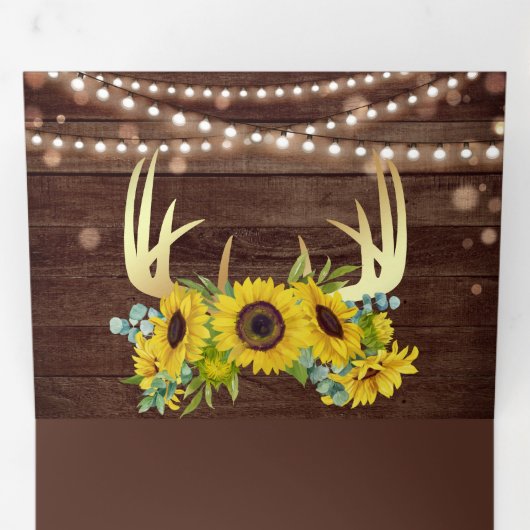 Barn Wood Sunflower Gold Antler Weddenschap Drieluik Uitnodiging (Binnenzijde eerst)