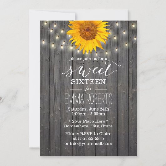 Barn Wood Sunflower & String Lights Sweet 16 Kaart (Voorkant)
