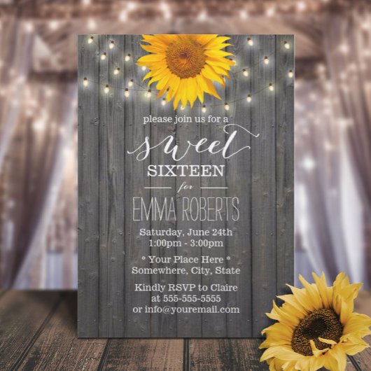 Barn Wood Sunflower & String Lights Sweet 16 Kaart