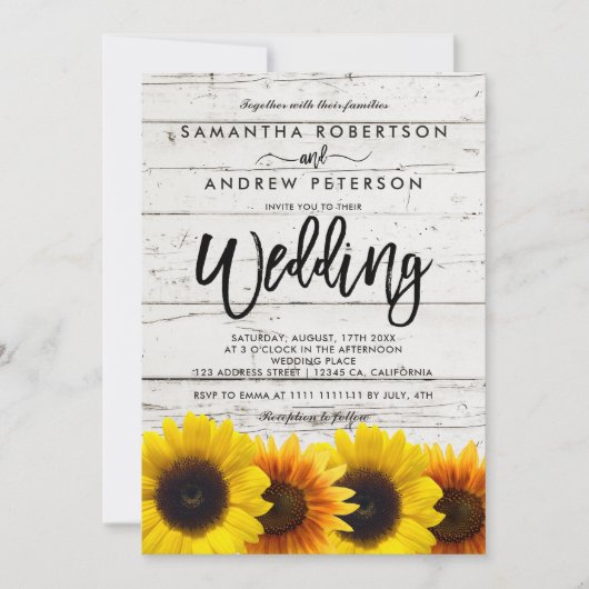 Barn wood sunflower typografie rustige bruiloft kaart (Voorkant)
