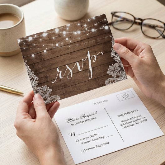 Barn Wood Twinkle Lights Lace Rustic Wedding RSVP Uitnodiging Briefkaart