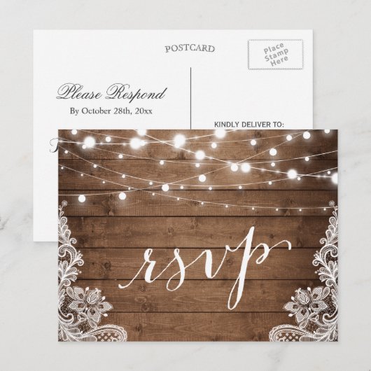 Barn Wood Twinkle Lights Lace Rustic Wedding RSVP Uitnodiging Briefkaart (Voorkant / Achterkant)